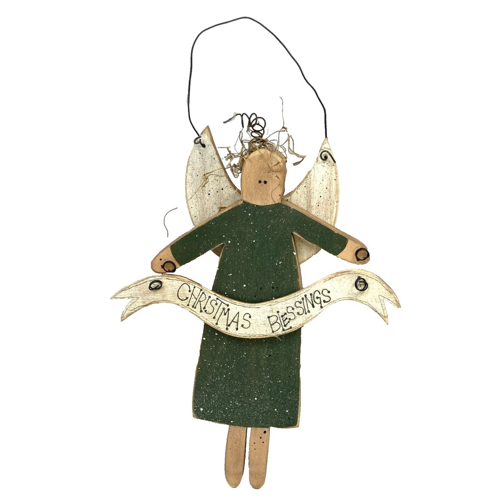Vtg Handmade Christmas Wooden Folk Art Angel & Metal Hall and Wood Wings 6.75"